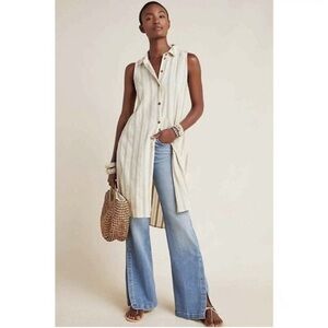 Anthropologie Beige Striped Sleeveless Tunic Button Down Blouse Small